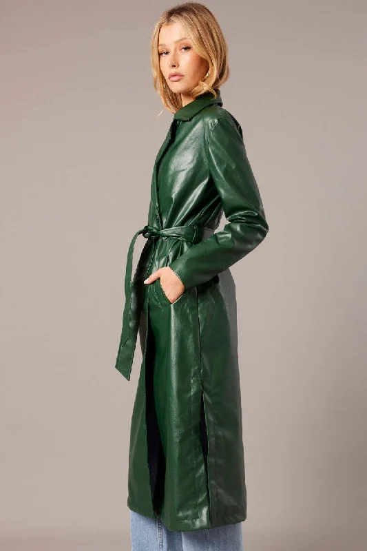 Green Trench Coat Long Sleeves Faux Leather