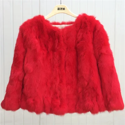 Hot Women Real Rabbit Fur Coat Natural Rex Rabbit Fur Coat O-Neck Fashion Slim Thin Rabbit Fur Coat Full Pelt Genuine Fur Jacket