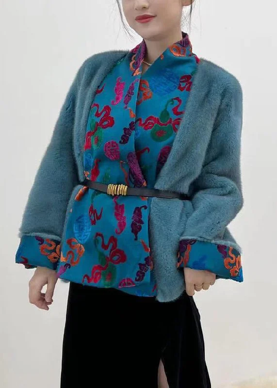 Jacquard Blue Silk Patchwork Mink Hair Coats Long Sleeve