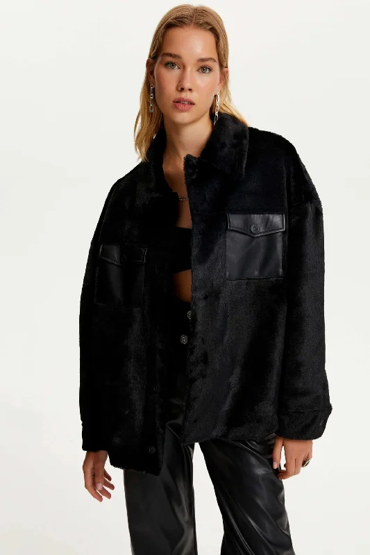 Lapel Collar Faux Fur Jacket