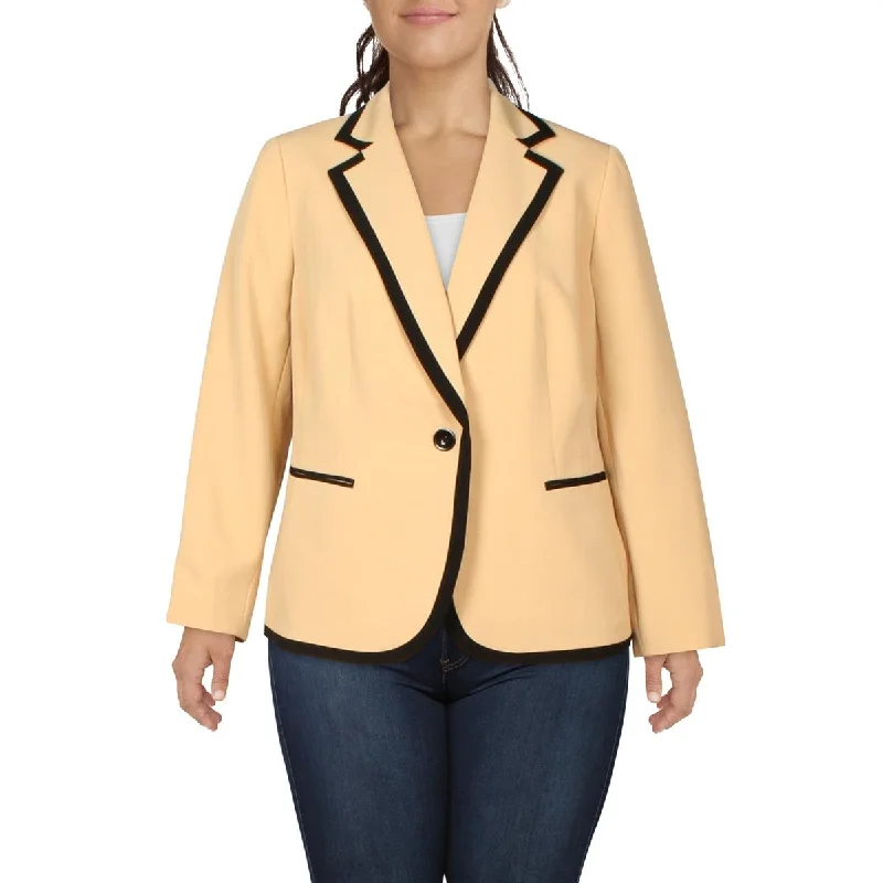 Le Suit Womens Plus Woven Contrast Trim One-Button Blazer