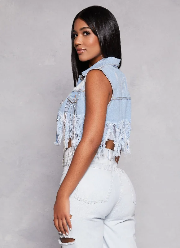 Rhinestone Frayed Fringe Hem Denim Vest