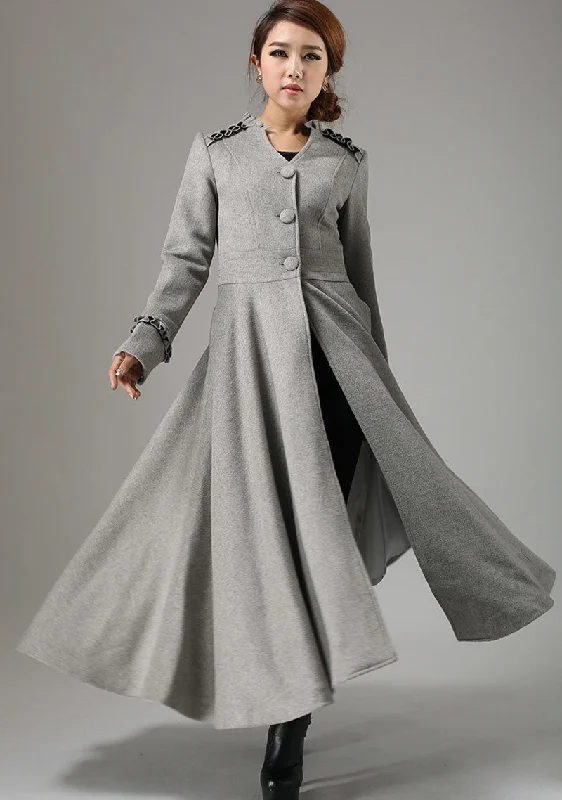 Long Grey Swing wool Coat with Ruffle Details 0731#