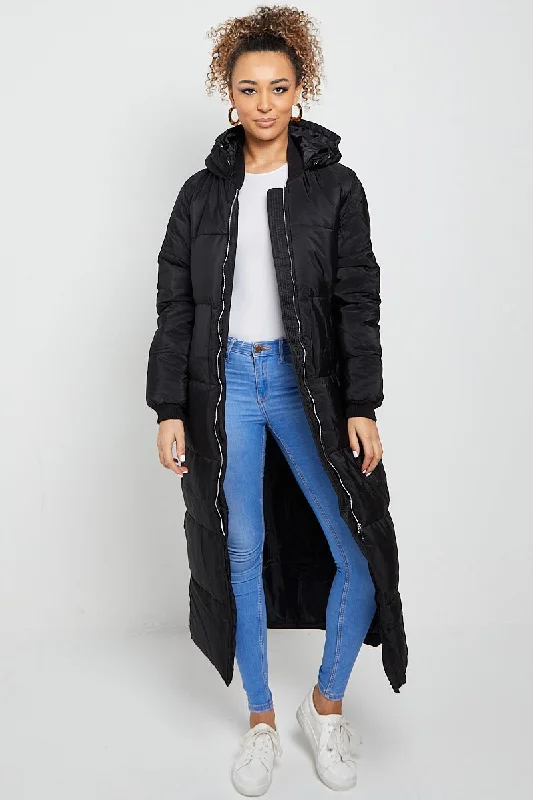 MAXI ZIP DETAIL PUFFER LONG JACKET-BLACK