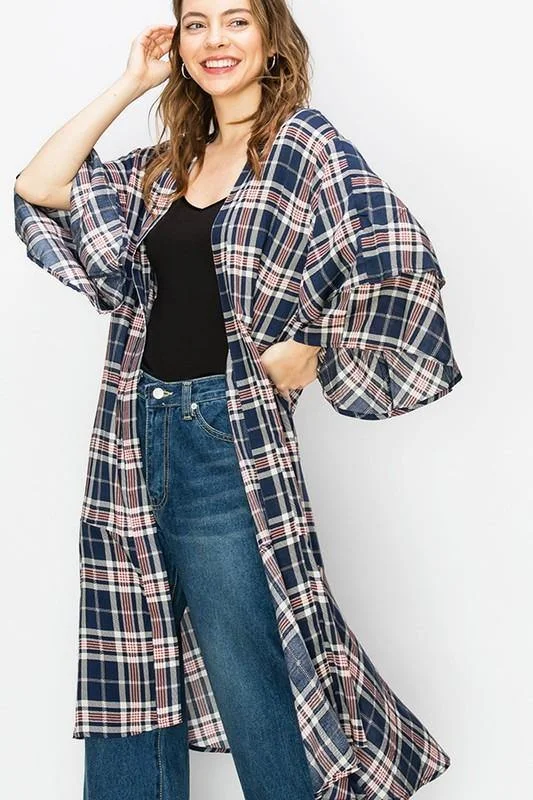 Monica, Navy blue plaid kimono