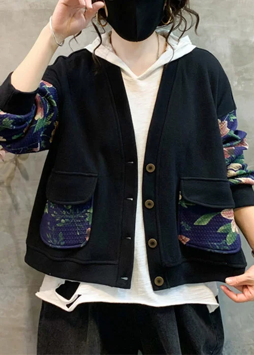 Navy Print Patchwork Warm Fleece Coat V Neck Long Sleeve