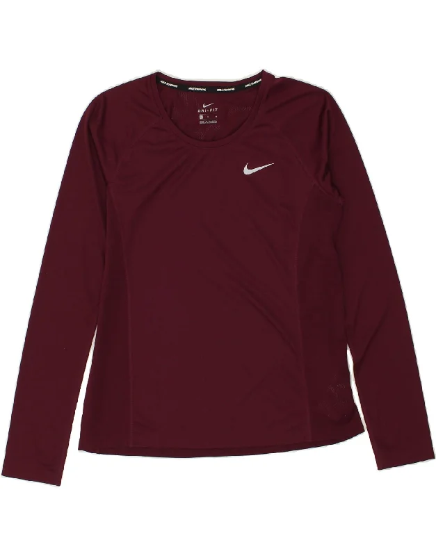 NIKE Womens Dri Fit Top Long Sleeve UK 14 Medium Burgundy Polyester