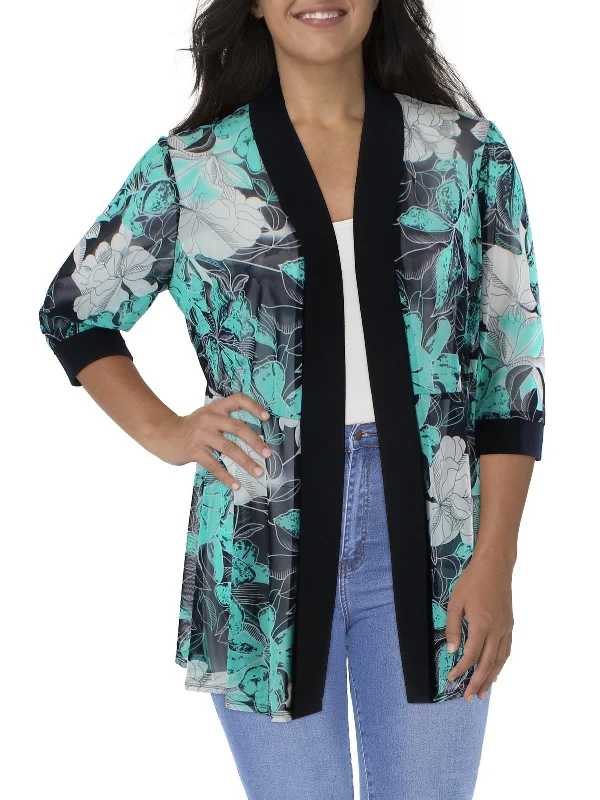 Plus Womens Mesh Printed Duster Blazer