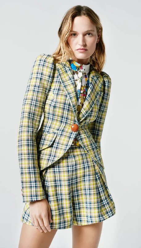 Pouf Sleeve One Button Blazer - Lime Plaid