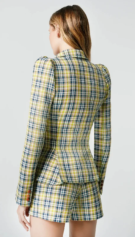 Pouf Sleeve One Button Blazer - Lime Plaid