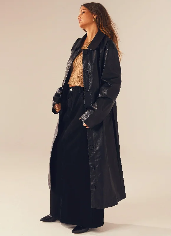 Power Mood PU Trench Coat - Black