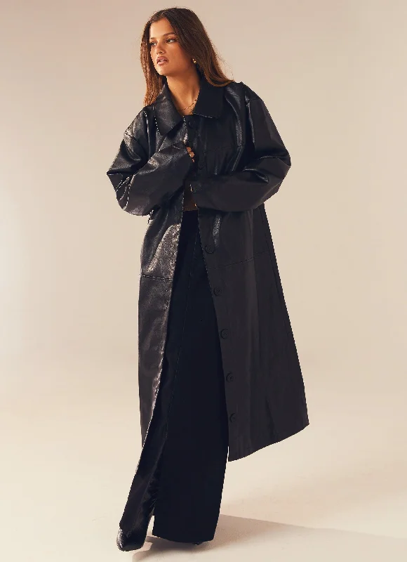 Power Mood PU Trench Coat - Black