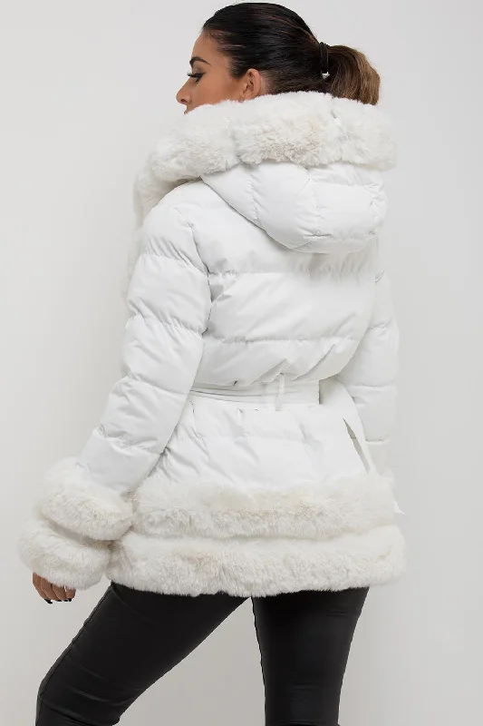 Puffer Jacket With Fur Hood Cuff And Trim White