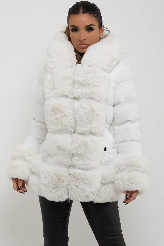 Puffer Jacket With Fur Hood Cuff And Trim White