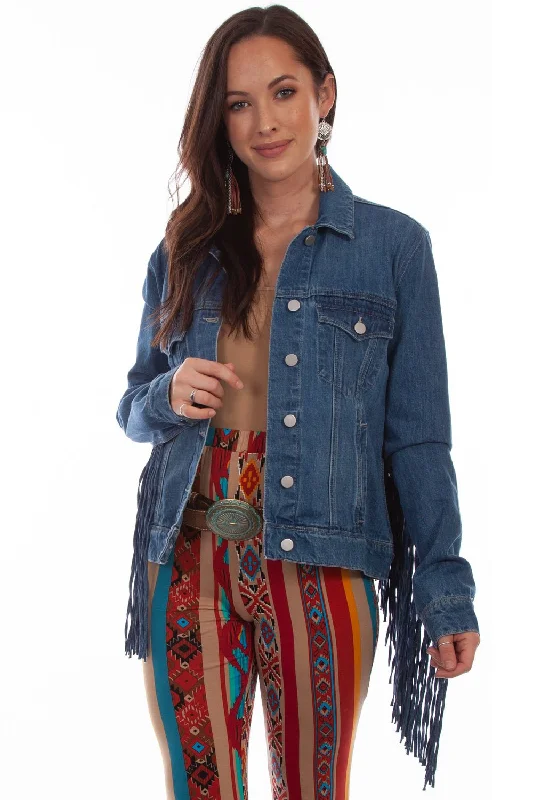 Scully Womens Denim Cotton Blend Jean Fringe Jacket