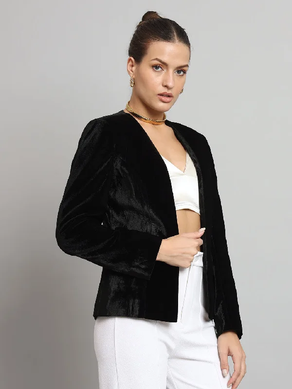 Short Velvet Jacket Without Collar- Black