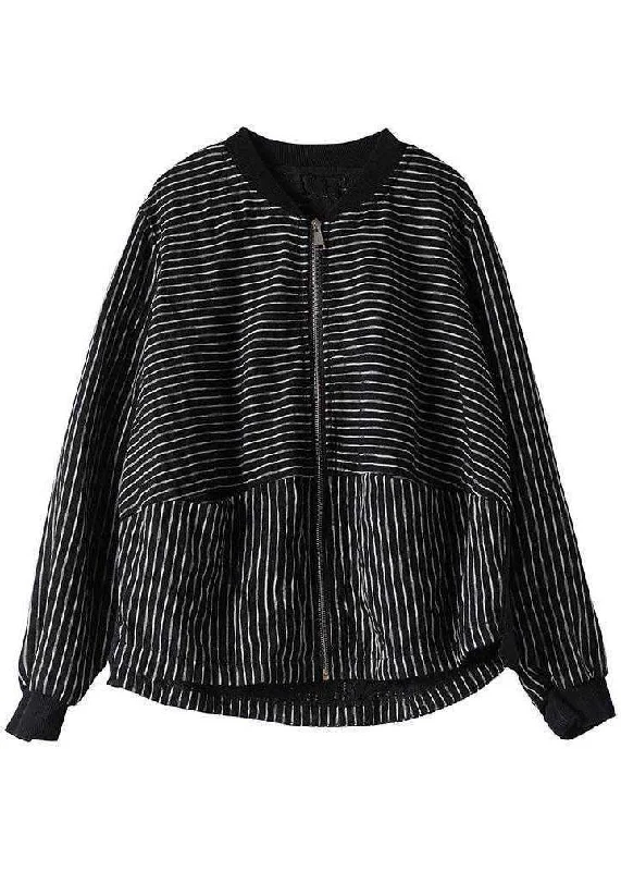 Street Black Striped zippered Pockets Fall Jacket Long sleeve