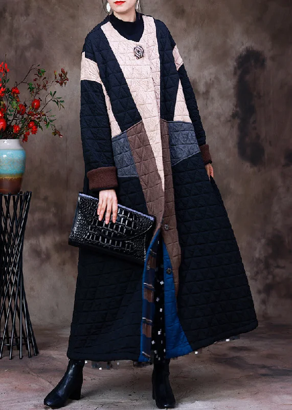 Style Apricot Black Colour Patchwork O-Neck Cotton Thick Long Coat Long Sleeve