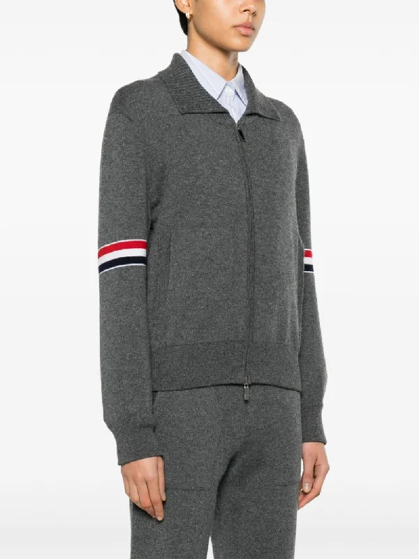 THOM BROWNE Women Jersey Float Jacquard Stitch Polo Collar Full Zip In Cashmere W/Rwb Armband Cardigan