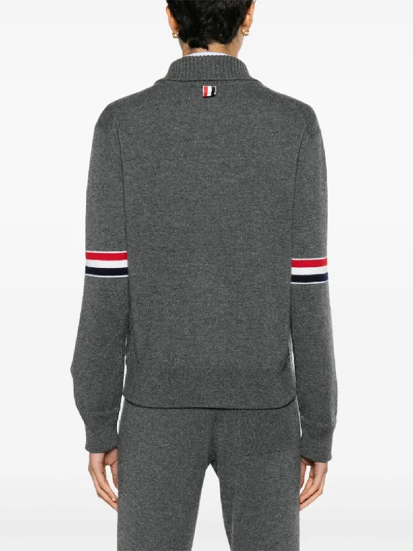 THOM BROWNE Women Jersey Float Jacquard Stitch Polo Collar Full Zip In Cashmere W/Rwb Armband Cardigan