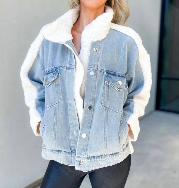 Tilly Fleece & Denim Combo Oversized Jacket In Light Denim/white Fleece