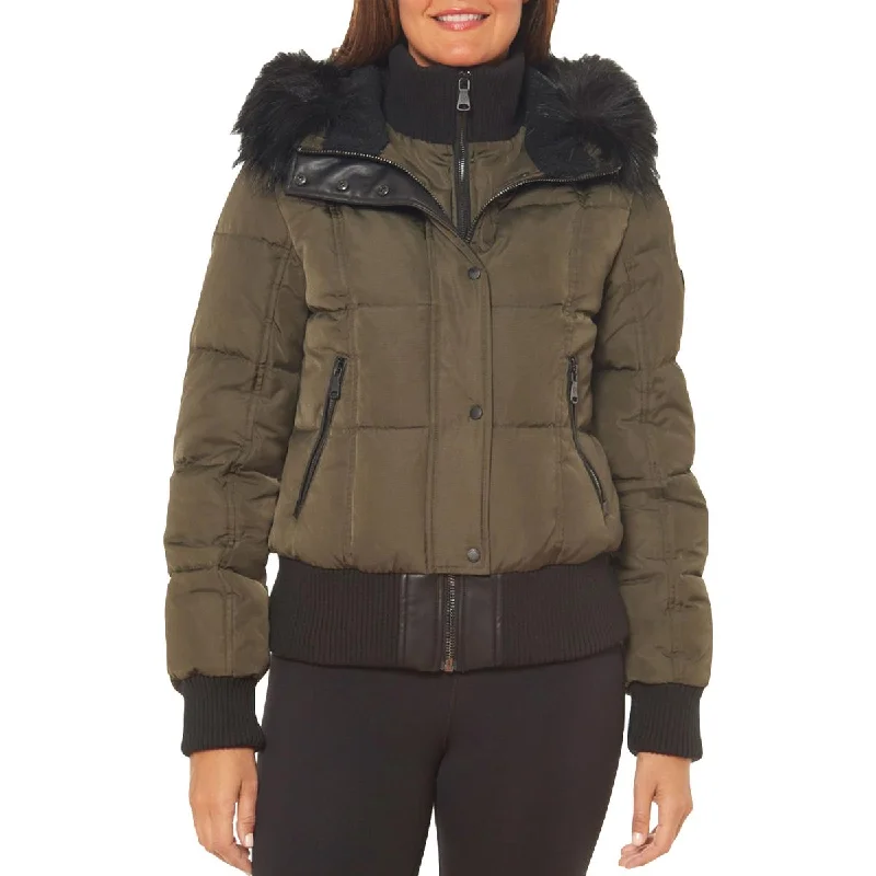 Vince Camuto Women's Quilted Down Fill Bomber Coat with Faux Fur Trim Hood