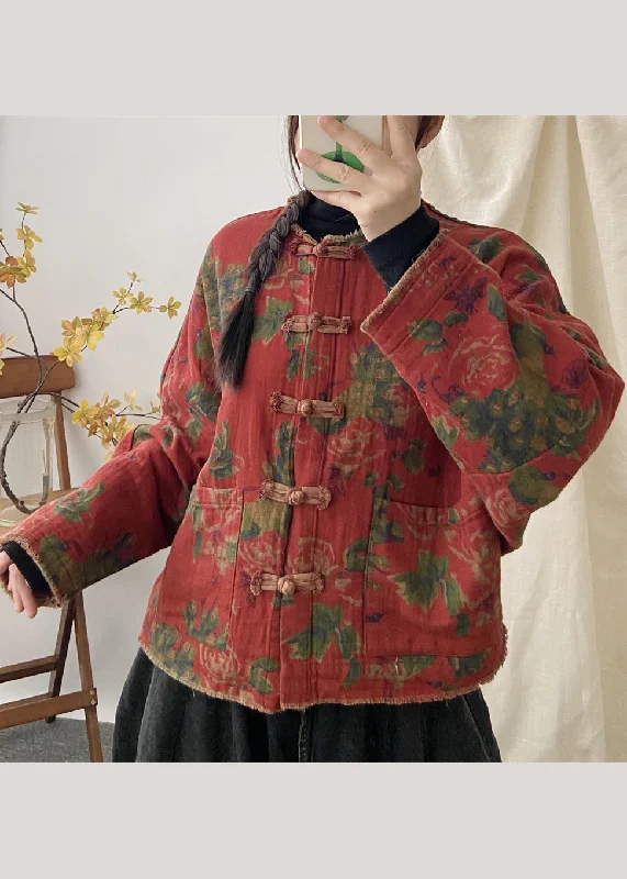 Vintage Orange Print Pockets Chinese Button Patchwork Cotton Coat Fall