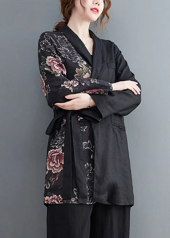 Women Black tie waist Asymmetrical Pockets Print Linen coat Long Sleeve