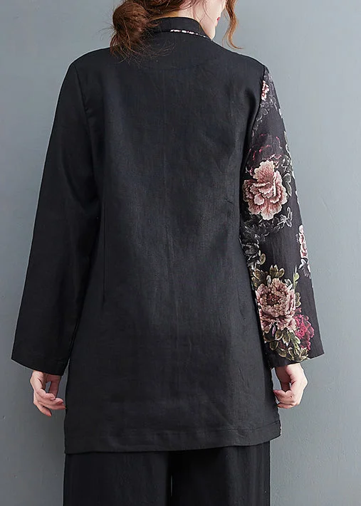 Women Black tie waist Asymmetrical Pockets Print Linen coat Long Sleeve