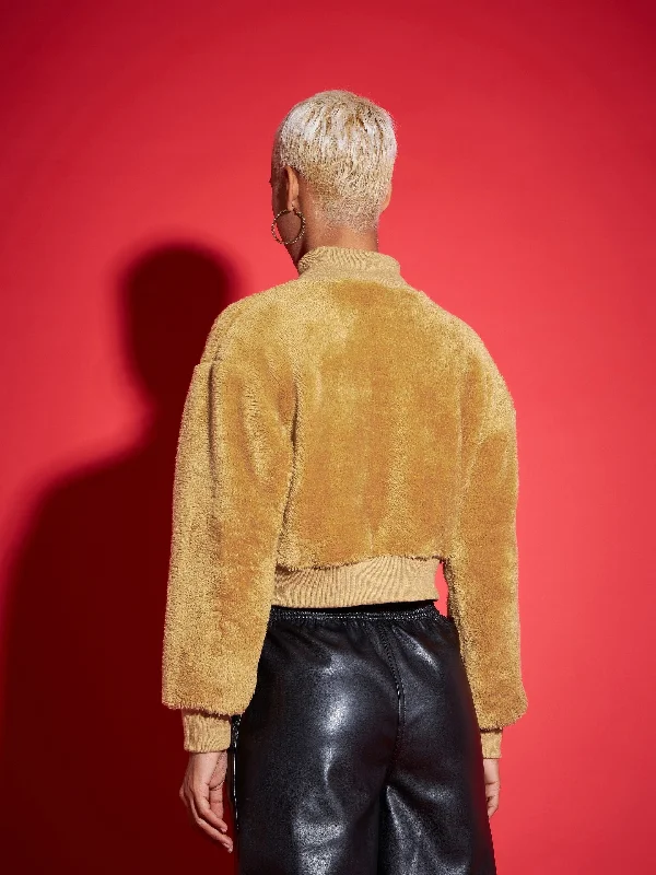 Women Brown Fur High Neck Crop Bomber Jacket