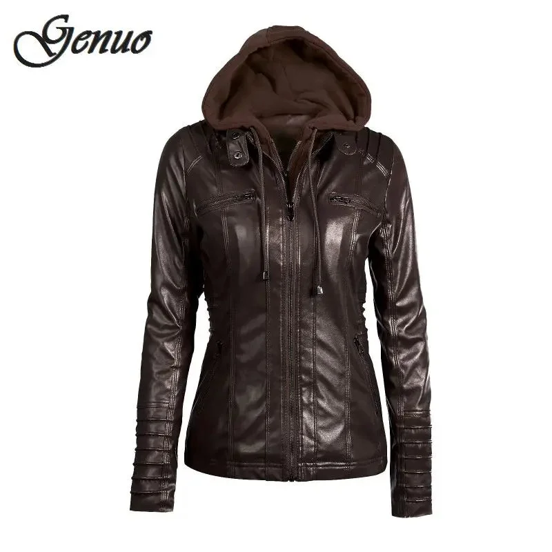 FZ Women's Faux Leather PU Hooded Jacket