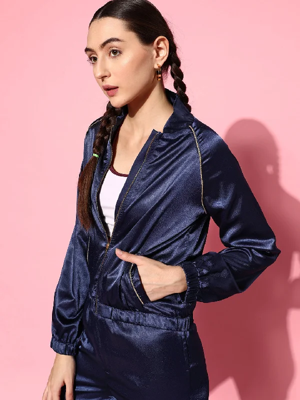 Women Navy Lycra Satin Constrast Piping Bomber Jacket