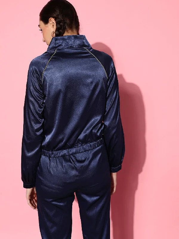 Women Navy Lycra Satin Constrast Piping Bomber Jacket