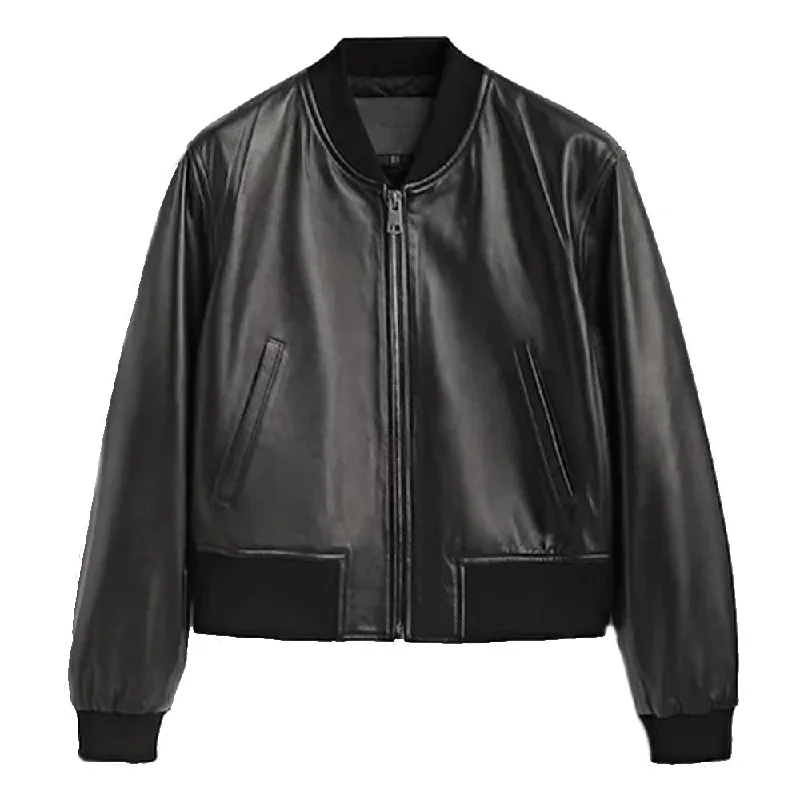 Women's Black Leather Bomber Jacket