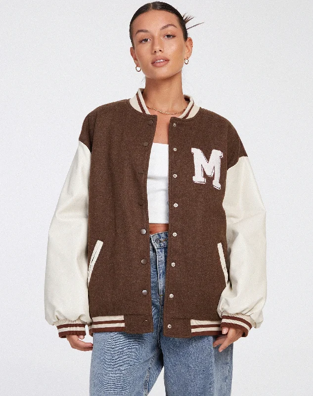 Women's Brown and White Oversized Varsity Jacket