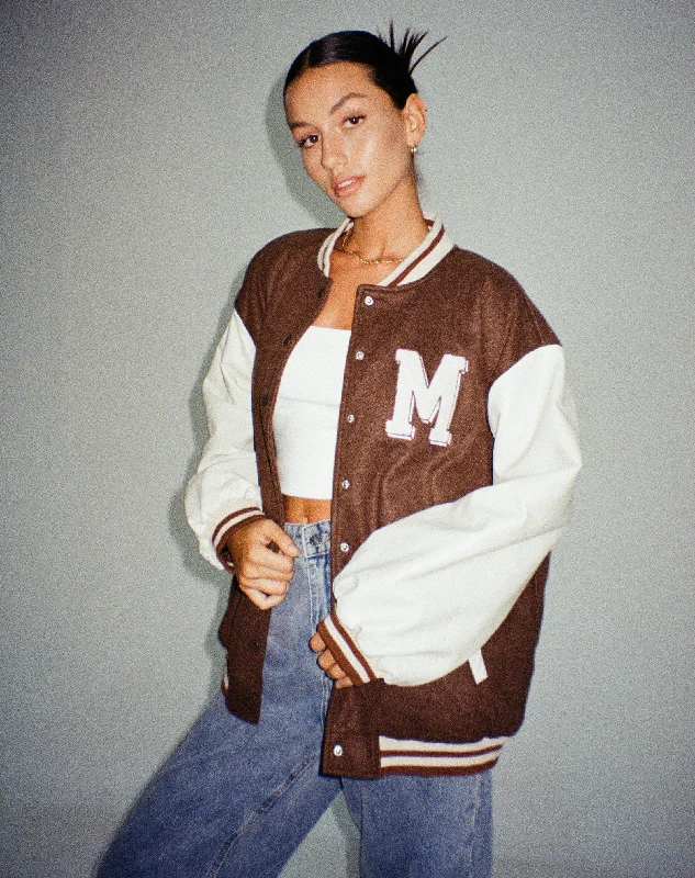 Women's Brown and White Oversized Varsity Jacket