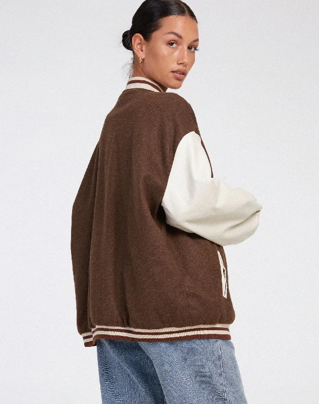 Women's Brown and White Oversized Varsity Jacket