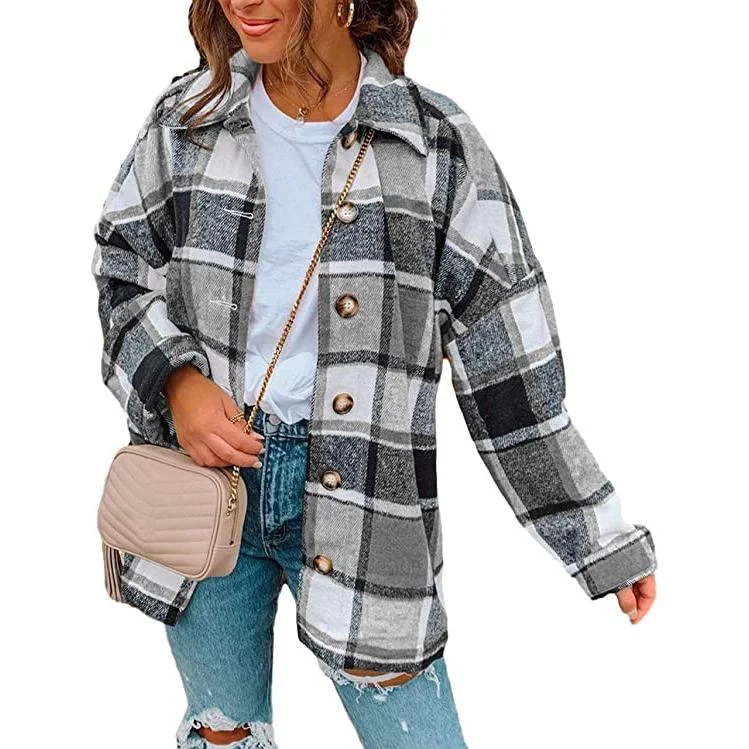 Women's Casual Woolen Long Sleeve Button Down Plaid Jacket