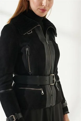 Women's Jet Black Suede Shearling Leather Jacket