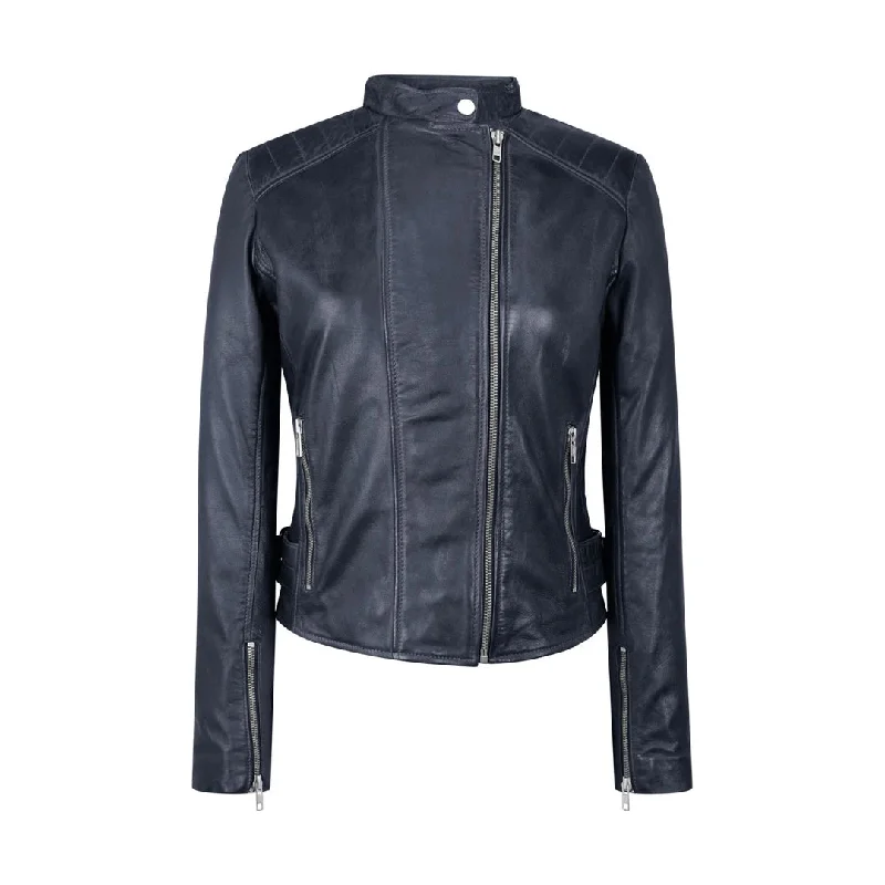 Women's Leather Jacket Cross Zip Brando Nehru Collarless Soft