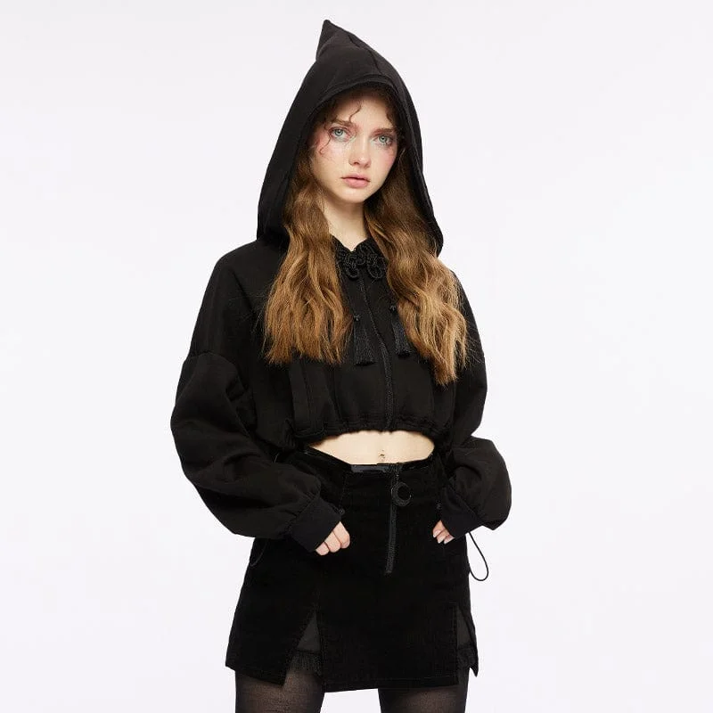 Women's Punk Tassels Knot Drawstring Jacket with Witch Hood