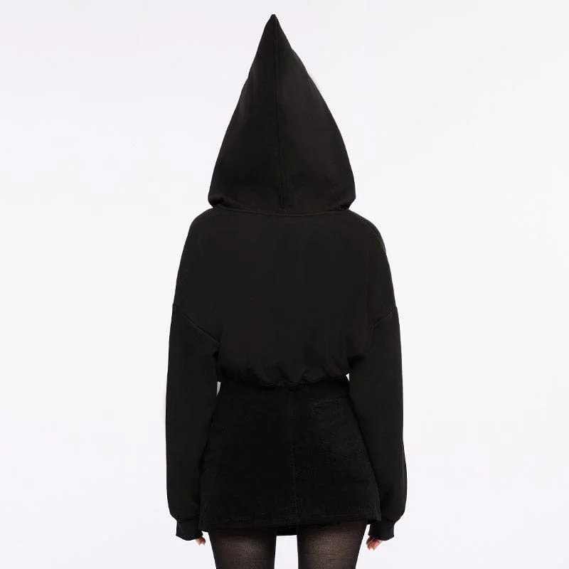 Women's Punk Tassels Knot Drawstring Jacket with Witch Hood