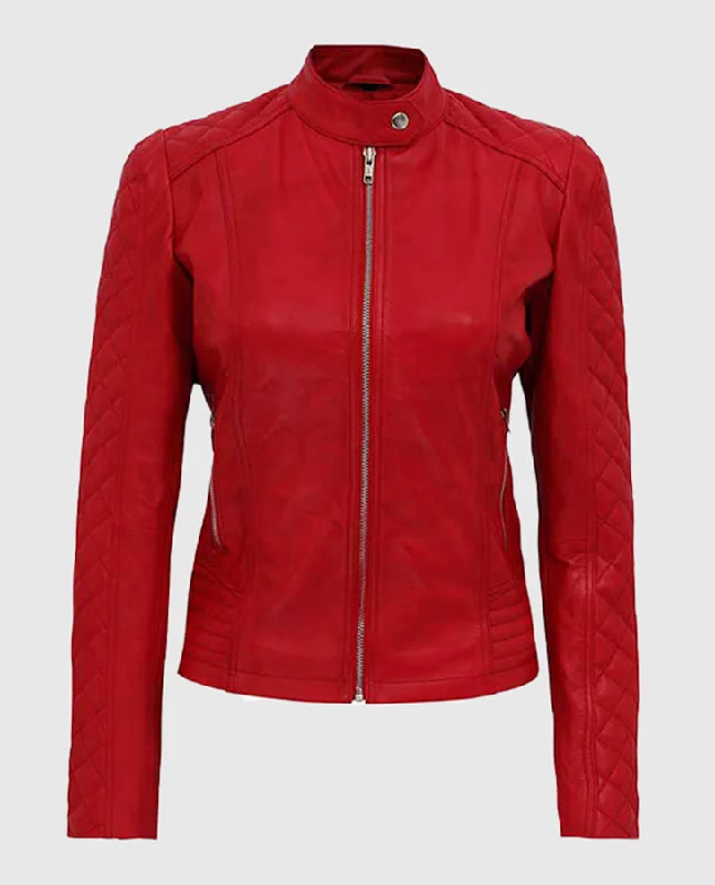 Women's Red Quilted Biker Leather Jacket