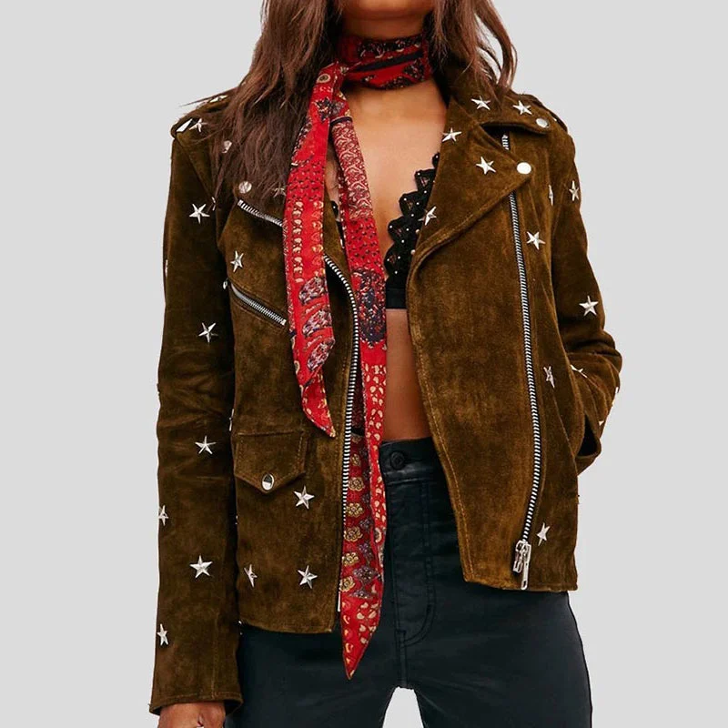 Womens Studded Brown Suede Leather Jacket