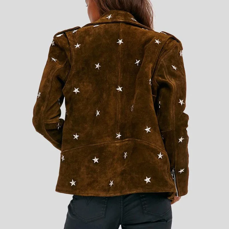 Womens Studded Brown Suede Leather Jacket