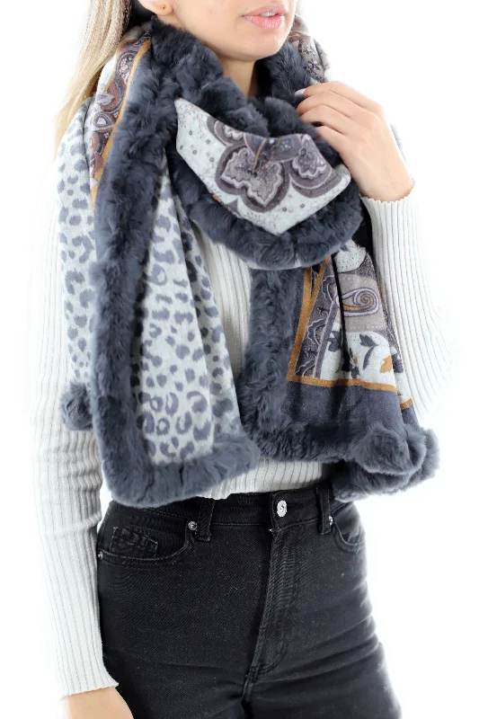 Wrap with Paisley Print & Genuine Rex Rabbit Fur - Grey