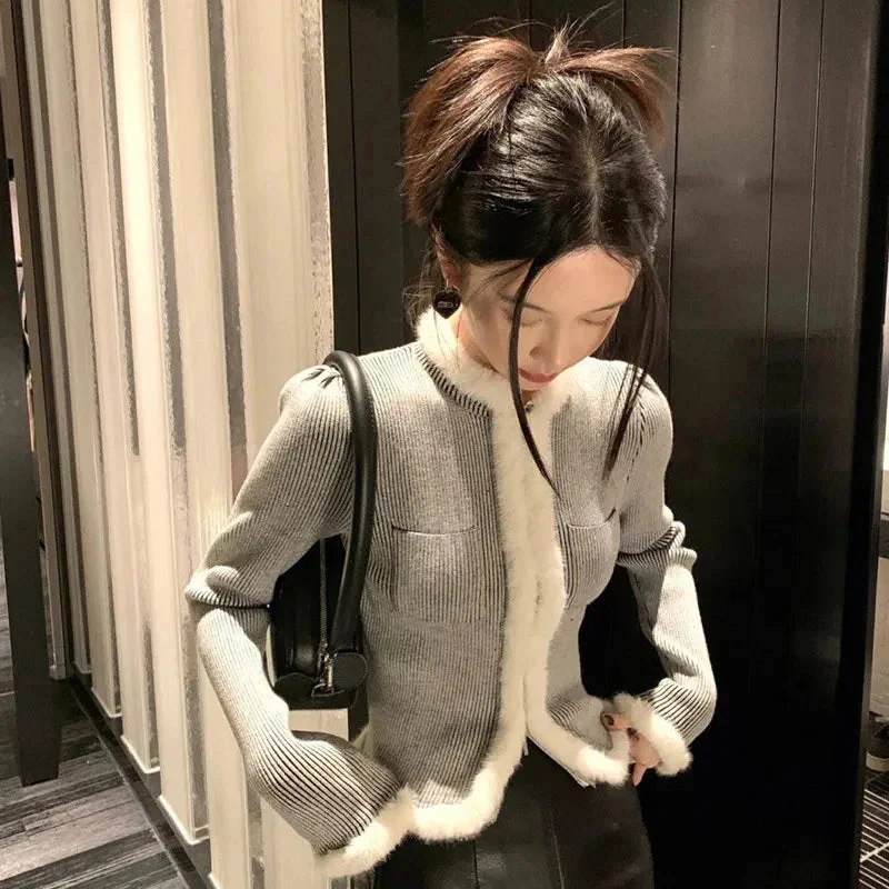 Xpqbb Gray Hairy Patchwork Cardigan Women Korean Chic Slim Fit Pockets Short Jacket Ladies Autumn Winter Wild Long Sleeve Coat