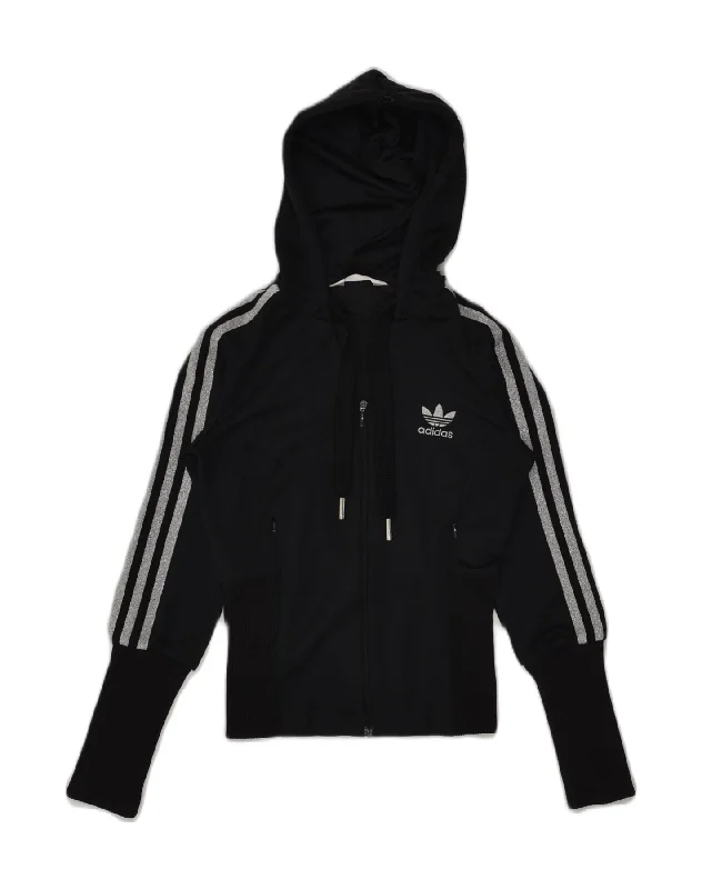 ADIDAS Womens Hooded Tracksuit Top Jacket IT 40 Small Black Polyester