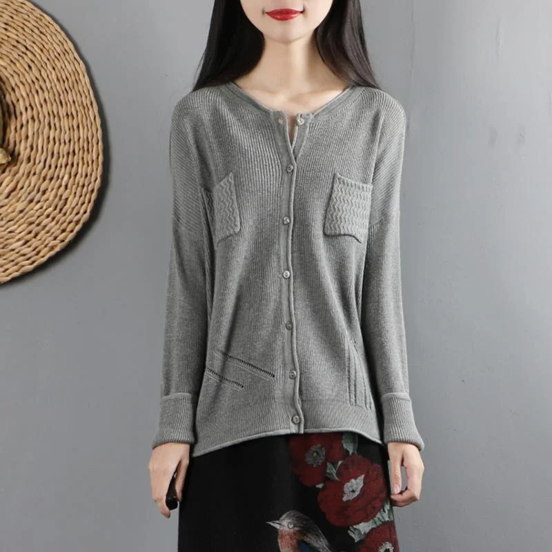 Aesthetic gray clothes trendy plus size o neck sweaters pockets