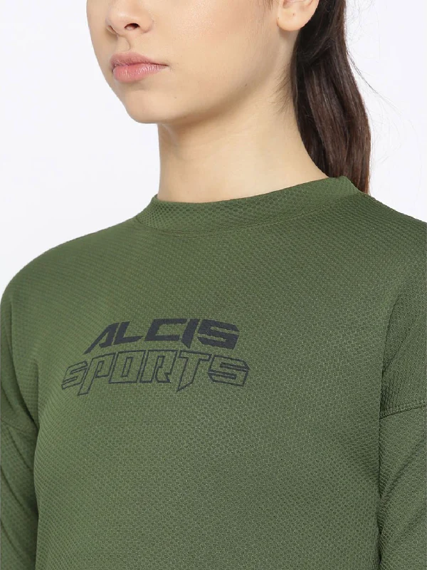 Alcis Women Olive Green Solid Sweatshirt